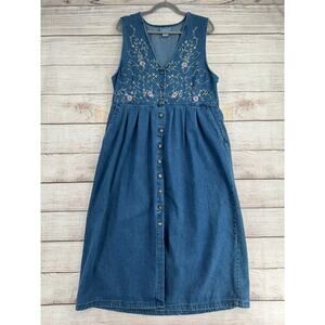 Vintage Jane Ashlet Embroidered Button Front Denim Maxi Dress Womens Large Blue
